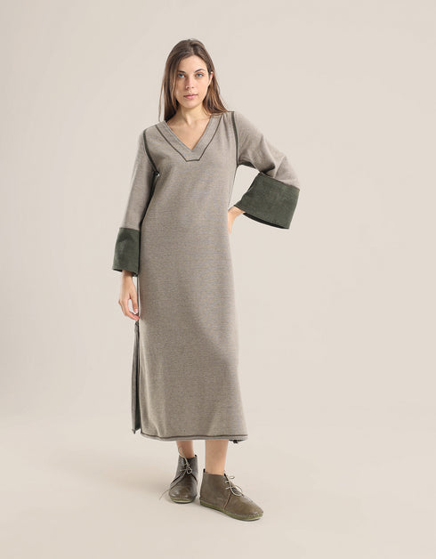 Reversible long aline dress with V neckline and embroidery on sleeves